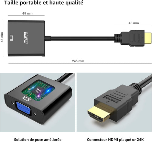 BENFEI Adaptateur HDMI vers VGA, (mâle vers Femelle) pour Bureau, Ordinateur Portable, PC, Moniteur, projecteur, HDTV, Chromebook, Raspberry Pi, Roku, Xbox et Plus - Noir
