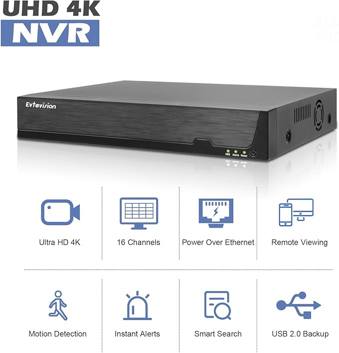 Evtevision 16 Canaux 4K/5MP/4MP/3MP/2MP Enregistreur IP PoE NVR avec 16 Ports PoE CCTV NVR Supporte Vue à Distance Alerte Email de Détection de Mouvement (Pas de Disque Dur)