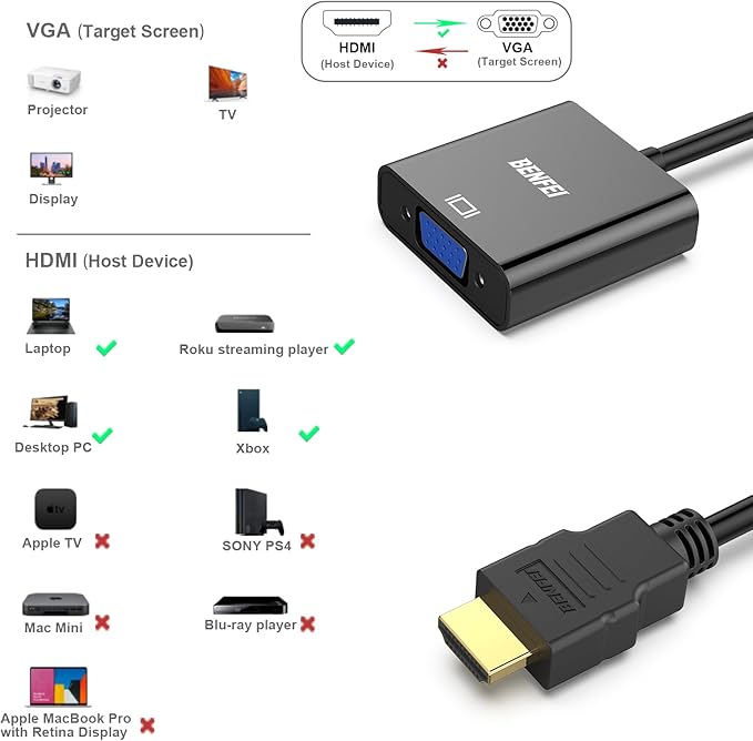 BENFEI Adaptateur HDMI vers VGA, (mâle vers Femelle) pour Bureau, Ordinateur Portable, PC, Moniteur, projecteur, HDTV, Chromebook, Raspberry Pi, Roku, Xbox et Plus - Noir