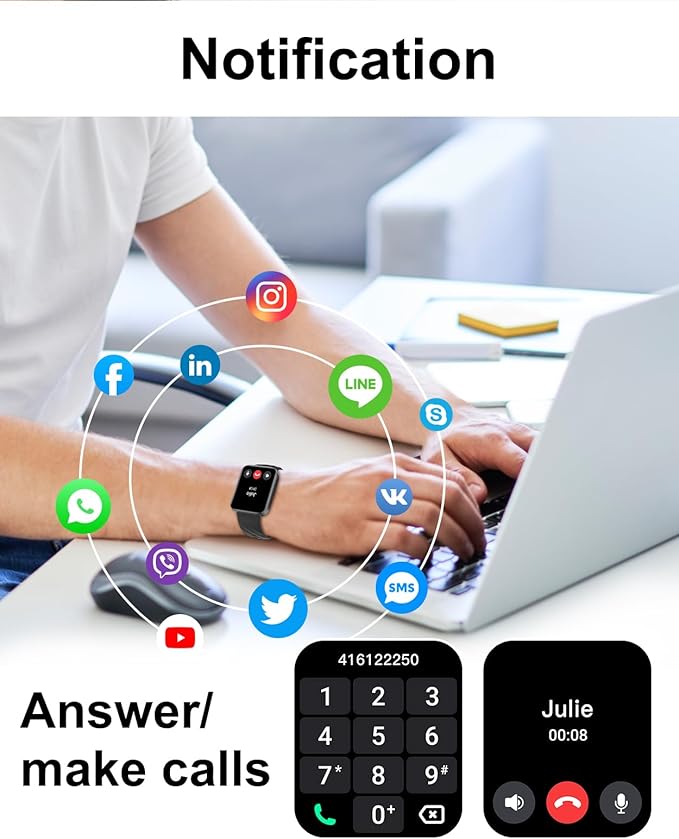Dakofied Montre Connectée Homme Femme avec Appel Bluetooth Podometre Cardiofrequencemetre Oxymetre Montre Sport Etanche IP68 Cycle Menstruel Suivi Sommeil Calories Notification pour Android iOS Noir
