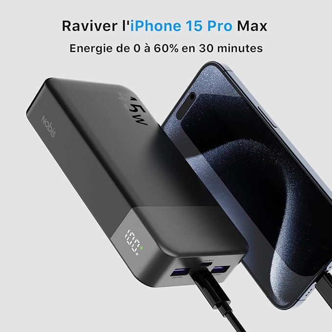 Nobis Batterie Externe 20000mAh Power Bank 45W Chargeur Externe Portable USB-C in & Out Charge Rapide, 4 Ports avec Affichage Numérique LED, Compatible avec MacBook, Phone 15 14 13 Pro S23 (Noir)