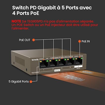 Tenda 5 Ports Gigabit PoE Switch sans AC Alimentation, PD Switch Gigabit (4 Ports PoE Out et 1 Port PoE in), Plug & Play, sans Ventilateur, Alimentation PoE Uniquement (TEG1105PD)