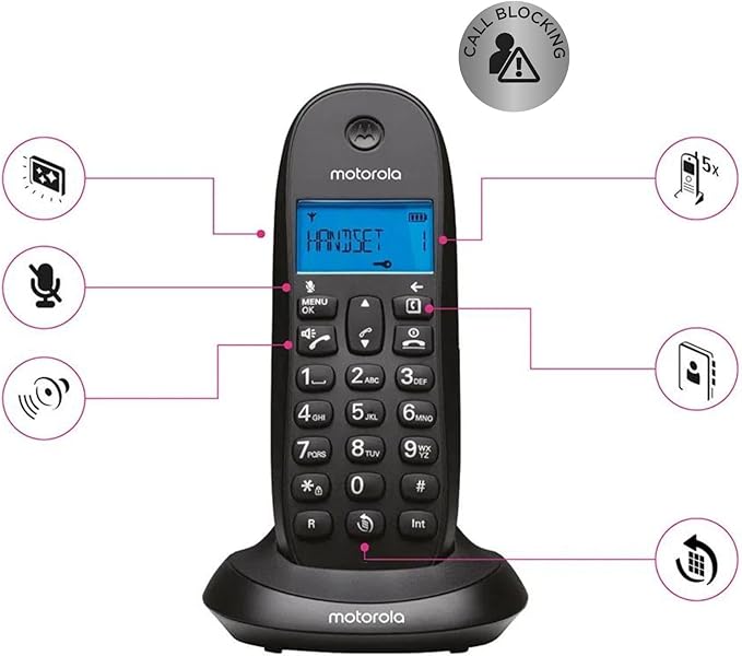 Motorola C1001CB+ - Téléphone numérique sans Fil DECT - Mode Blocage d'appel, Identification de l'appelant, Mains Libres, répertoire de 50 numéros, écran rétroéclairé - Noir