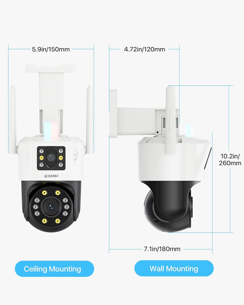 ZOSI Plug-in Camera Surveillance WiFi Exterieure avec Double Objectif 4MP+2MP, 360° Vue Détection Humaine/Véhicule, Audio Bidirectionnel Sirène Alarme Stockage Cloud Vision Nocturne Couleur, C298 SE