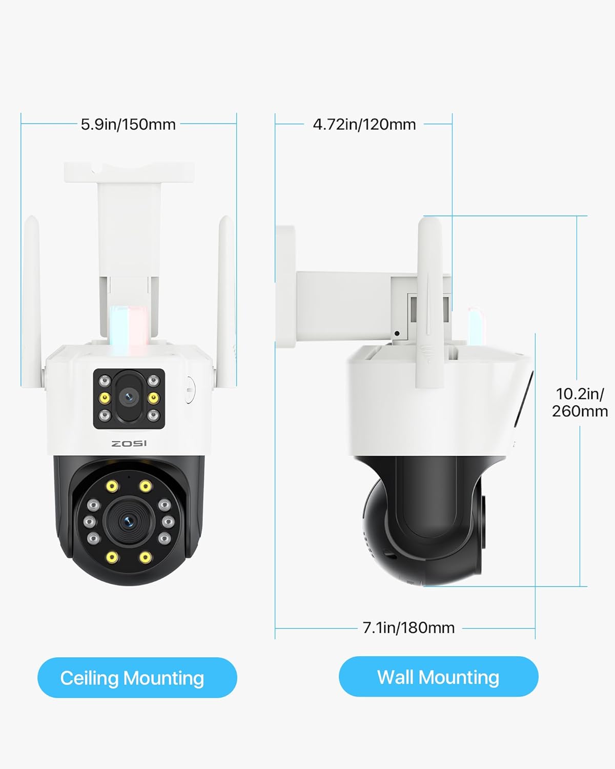 ZOSI Plug-in Camera Surveillance WiFi Exterieure avec Double Objectif 4MP+2MP, 360° Vue Détection Humaine/Véhicule, Audio Bidirectionnel Sirène Alarme Stockage Cloud Vision Nocturne Couleur, C298 SE