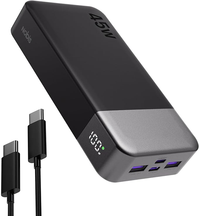 Nobis Batterie Externe 20000mAh Power Bank 45W Chargeur Externe Portable USB-C in & Out Charge Rapide, 4 Ports avec Affichage Numérique LED, Compatible avec MacBook, Phone 15 14 13 Pro S23 (Noir)