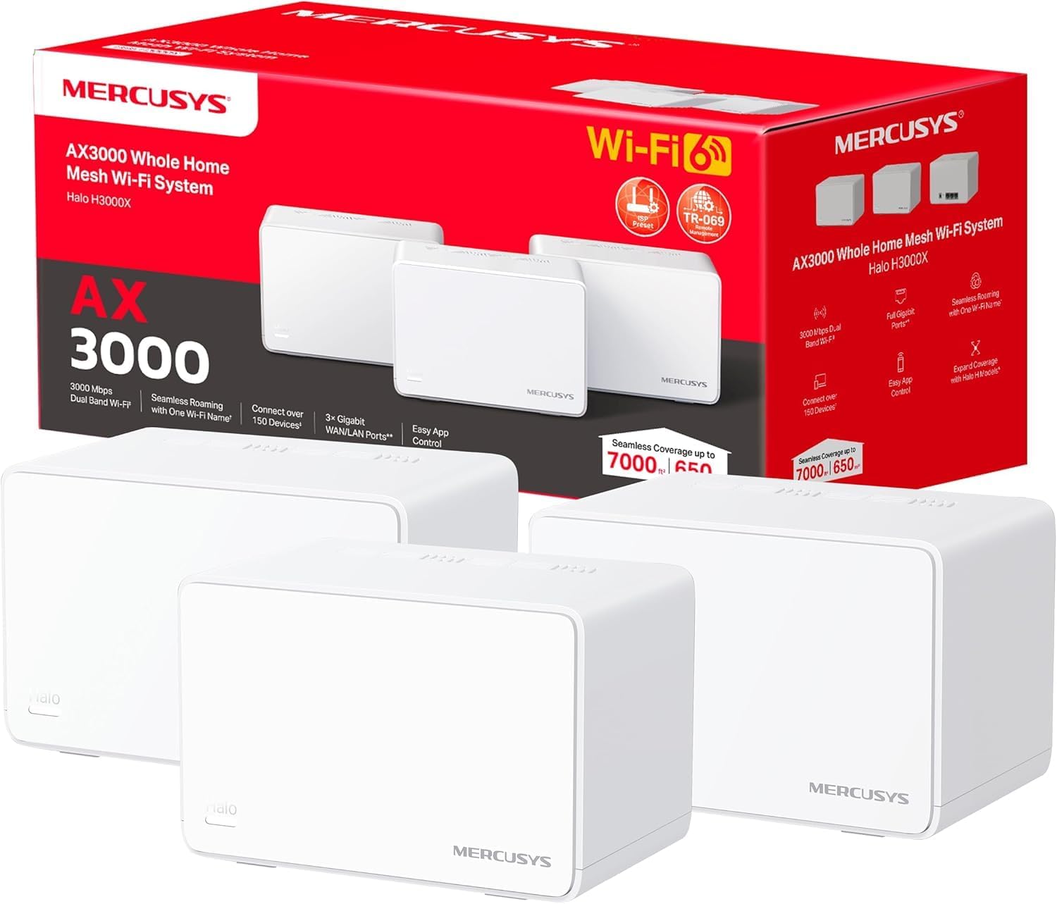 MERCUSYS TP-Link WiFi Mesh Routeur WiFi 6 Bi-Bande AX3000Mbps, 3 Ports Gigabit, Couverture jusqu'à 650 m², Connectez 150 appareils, Compatible avec Toutes Les Box Internet, Halo H3000X(3-Pack)