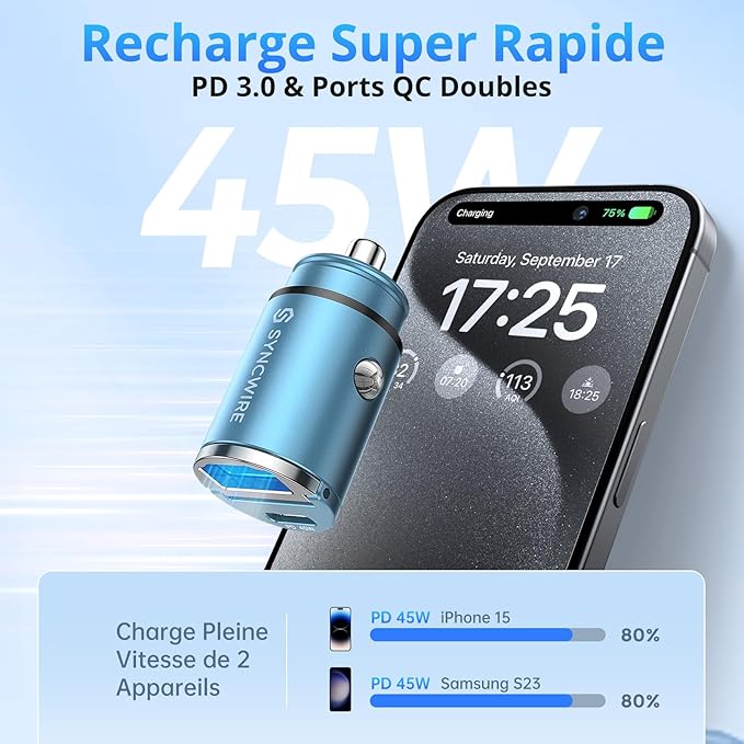 Syncwire Chargeur Voiture USB C - [PD 45W & QC 45W] Tout Métal Mini Prise Allume Cigare USBC Rapide pour iPhone 15 14 13 12 11 Pro Max XR X, Google Pixel 7/6 Pro, Samsung Galaxy S23/S22/S21, Bleu