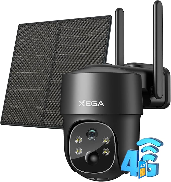 Xega 4G LTE Caméra Surveillance Solaire avec Carte Sim, 2K HD 4G Caméra Extérieure sans Fil inclinable à 355°/90°, Caméra Autonome sans WiFi, Vision Nocturne, Détection de Mouvement, IP66 (Non WiFi)