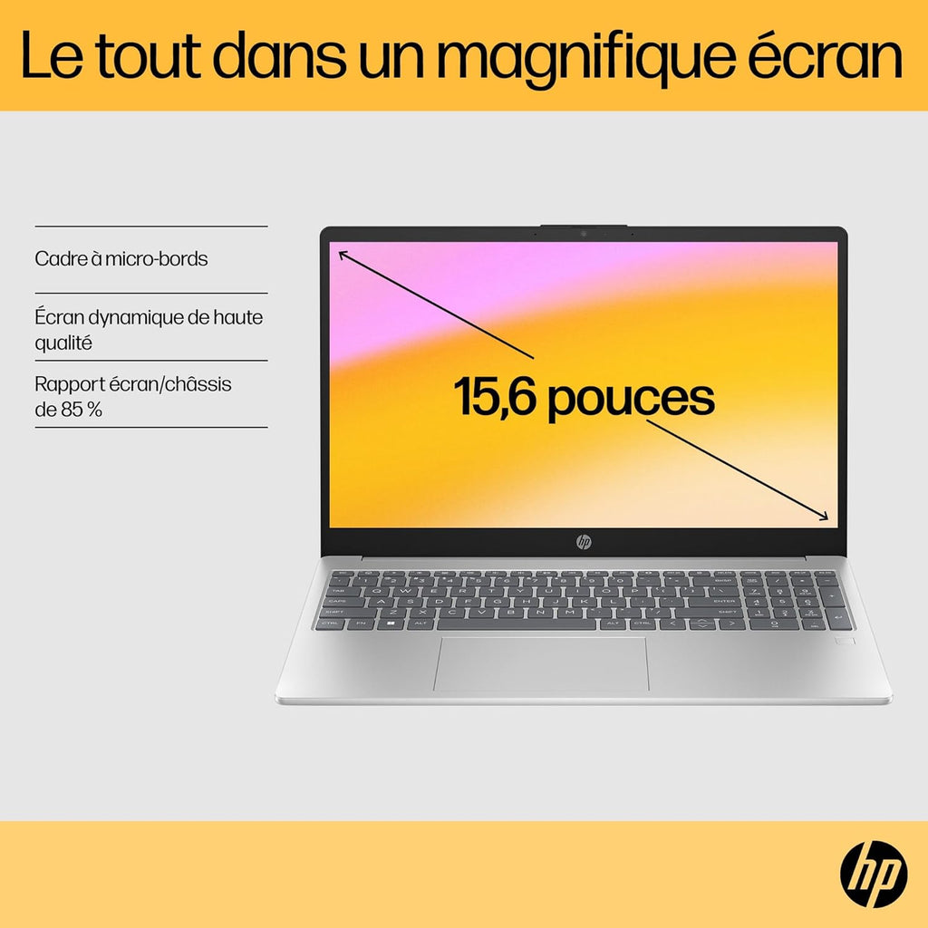 HP 15-fc0006sf Ordinateur Portable 15,6" FHD, PC Portable (AMD Ryzen 5 7520U, RAM 8 Go, SSD 256 Go, AMD Radeon Graphics, Windows 11), Laptop Argent, Clavier AZERTY