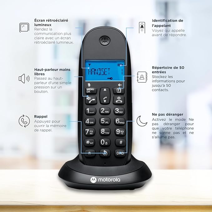 Motorola C1001CB+ - Téléphone numérique sans Fil DECT - Mode Blocage d'appel, Identification de l'appelant, Mains Libres, répertoire de 50 numéros, écran rétroéclairé - Noir