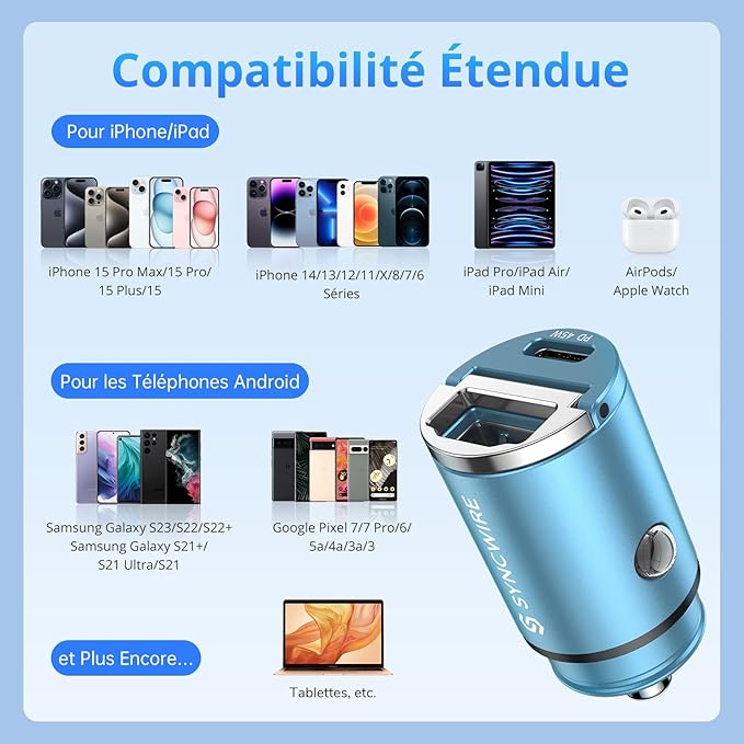 Syncwire Chargeur Voiture USB C - [PD 45W & QC 45W] Tout Métal Mini Prise Allume Cigare USBC Rapide pour iPhone 15 14 13 12 11 Pro Max XR X, Google Pixel 7/6 Pro, Samsung Galaxy S23/S22/S21, Bleu