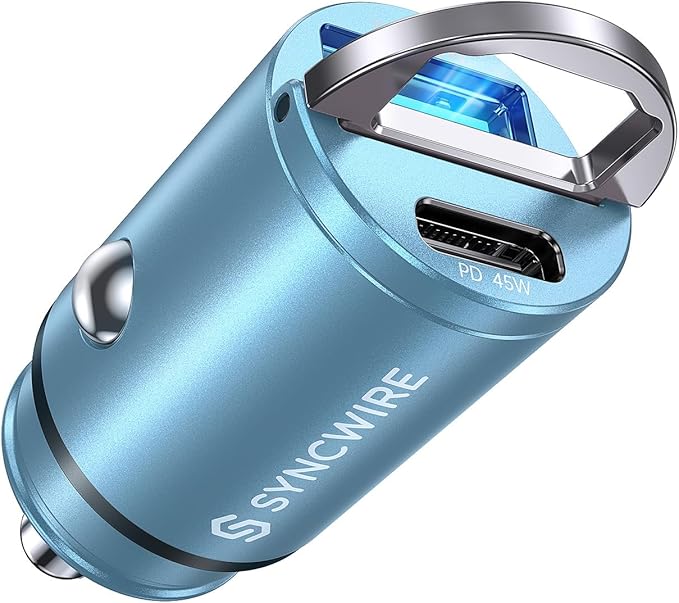 Syncwire Chargeur Voiture USB C - [PD 45W & QC 45W] Tout Métal Mini Prise Allume Cigare USBC Rapide pour iPhone 15 14 13 12 11 Pro Max XR X, Google Pixel 7/6 Pro, Samsung Galaxy S23/S22/S21, Bleu