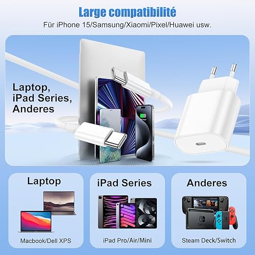 Chargeur Rapide iPhone 17 16 15, 20W USB C Chargeur et USB C Cable 2M pour iPhone 17/17 Pro Max/16/16 Pro/15 Plus/15 Pro Max, iPad Pro/Air/Mini, Galaxy S23/S22, USBC Prise Secteur Adaptateur