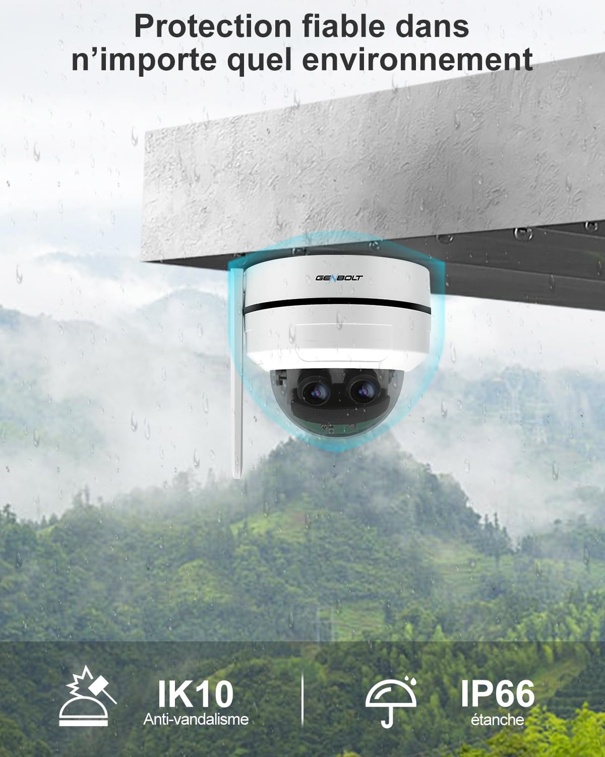 GENBOLT 2.5k PTZ WiFi Security Camera Camera intérieur et extérieur DC & POE, 4MP Dual Lens Home Surveillance IP Camera CCTV 10X Hybrid Zoom, IK10 VANDALproof, IP66 STAPPOR
