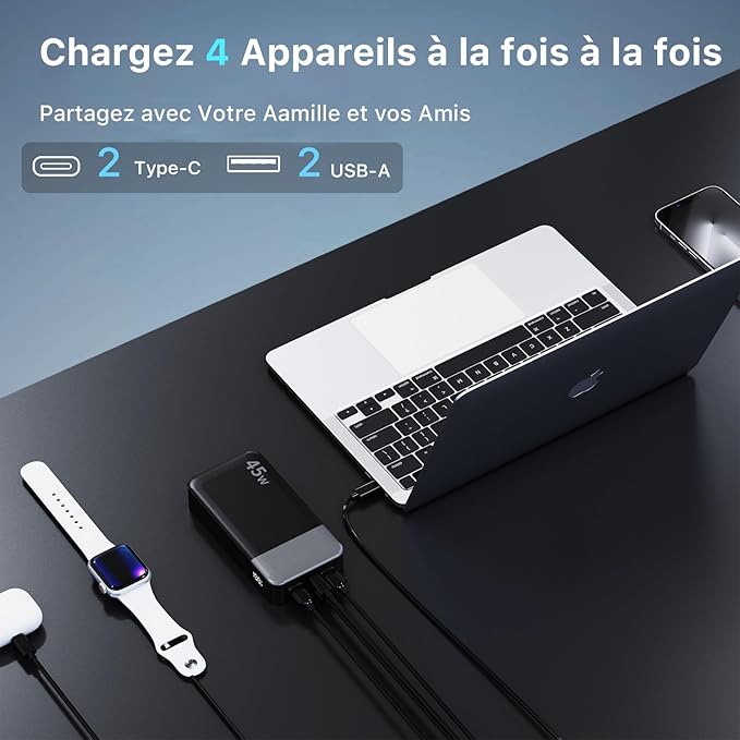 Nobis Batterie Externe 20000mAh Power Bank 45W Chargeur Externe Portable USB-C in & Out Charge Rapide, 4 Ports avec Affichage Numérique LED, Compatible avec MacBook, Phone 15 14 13 Pro S23 (Noir)
