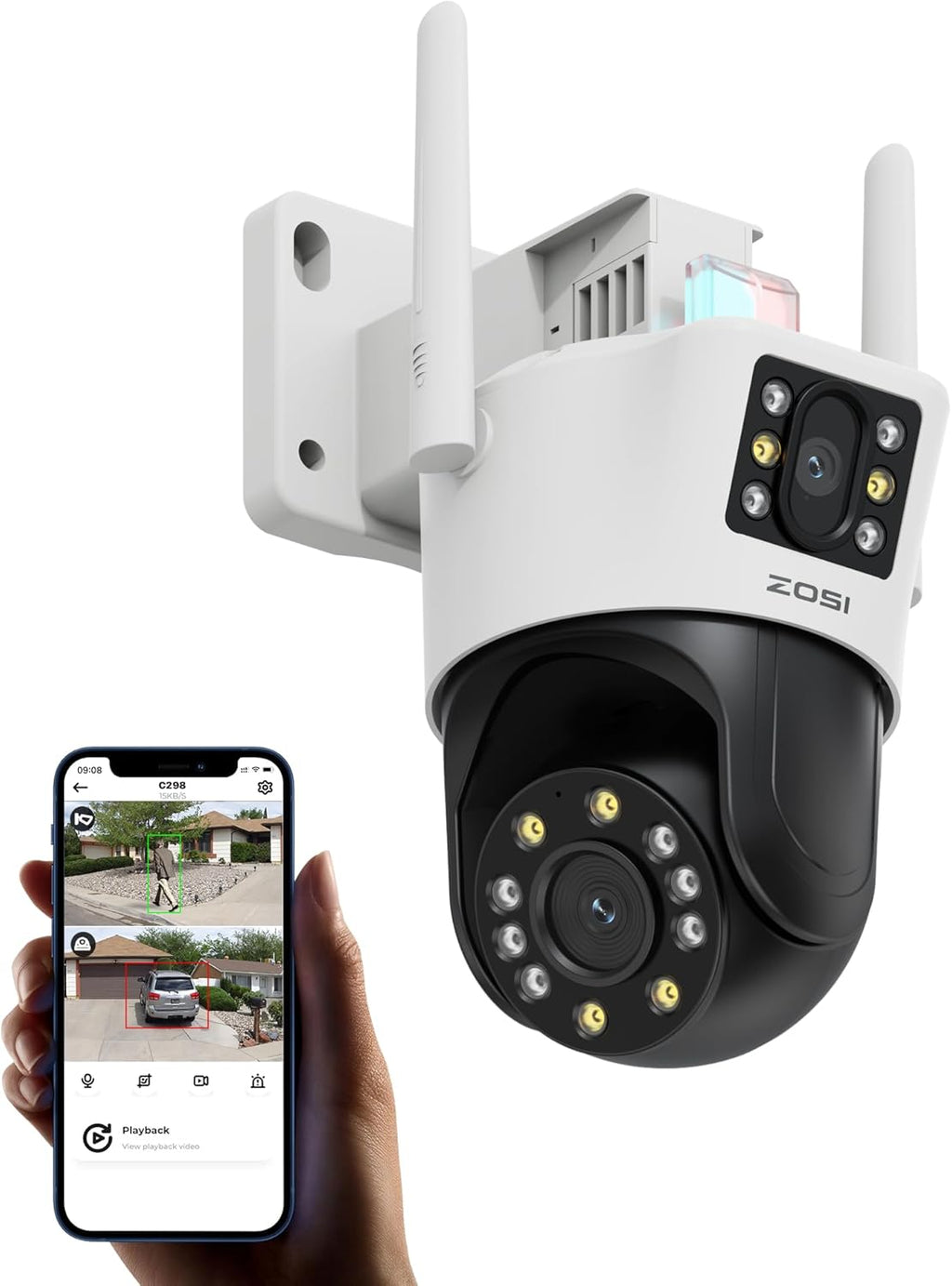 ZOSI Plug-in Camera Surveillance WiFi Exterieure avec Double Objectif 4MP+2MP, 360° Vue Détection Humaine/Véhicule, Audio Bidirectionnel Sirène Alarme Stockage Cloud Vision Nocturne Couleur, C298 SE