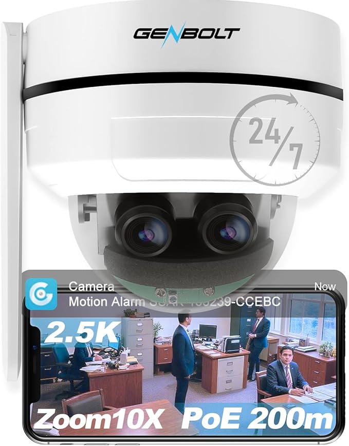 GENBOLT 2.5k PTZ WiFi Security Camera Camera intérieur et extérieur DC & POE, 4MP Dual Lens Home Surveillance IP Camera CCTV 10X Hybrid Zoom, IK10 VANDALproof, IP66 STAPPOR