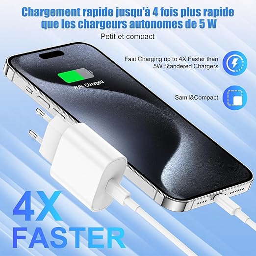Chargeur Rapide iPhone 17 16 15, 20W USB C Chargeur et USB C Cable 2M pour iPhone 17/17 Pro Max/16/16 Pro/15 Plus/15 Pro Max, iPad Pro/Air/Mini, Galaxy S23/S22, USBC Prise Secteur Adaptateur