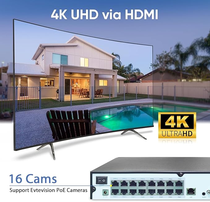 Evtevision 16 Canaux 4K/5MP/4MP/3MP/2MP Enregistreur IP PoE NVR avec 16 Ports PoE CCTV NVR Supporte Vue à Distance Alerte Email de Détection de Mouvement (Pas de Disque Dur)