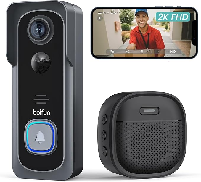 BOIFUN Sonnette sans Fil Exterieur Etanche, 2K FHD, IP65 Étanche, Grand Angle de 166°, Installation Facile, Détection Humaine PIR, Vision Nocturne, Supporte Uniquement 2,4 GHz, sans écran intérieur