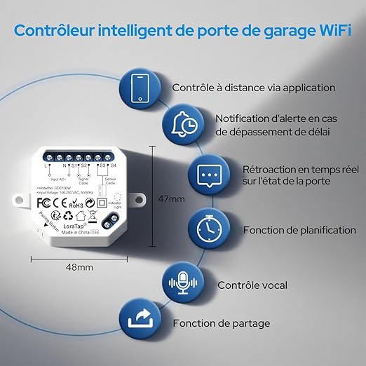 LoraTap Ouvre-Porte de Garage Connecté WiFi, Interrupteur de Porte Intelligent, Compatible avec Alexa, Commutateur Contrôlé à Distance, Kits Smart Module pour Portail Coulissant