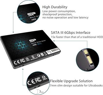 Silicon Power SSD 512Go 3D NAND A55 SLC Cache Performance Boost 2.5 pouces SATA III 7mm (0.28") Interne SSD