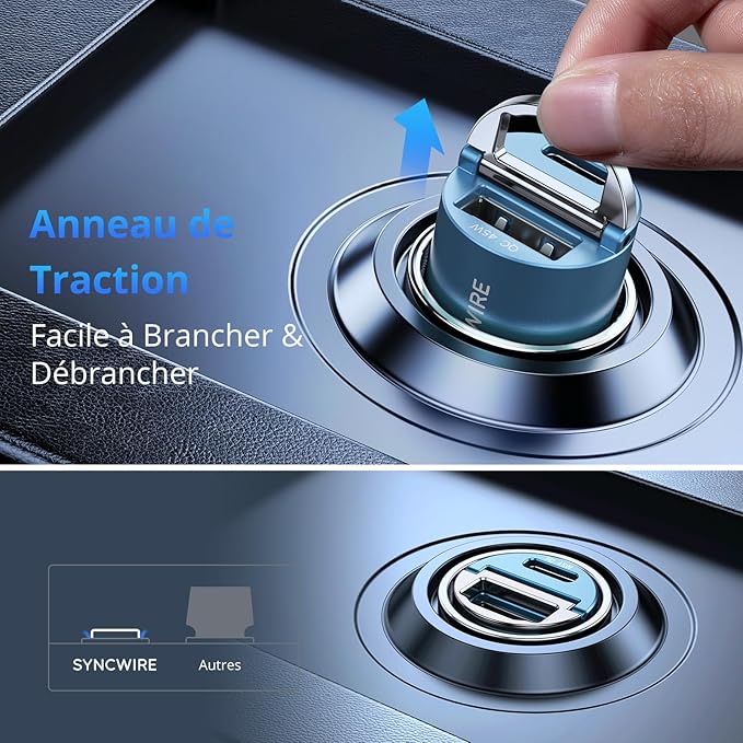 Syncwire Chargeur Voiture USB C - [PD 45W & QC 45W] Tout Métal Mini Prise Allume Cigare USBC Rapide pour iPhone 15 14 13 12 11 Pro Max XR X, Google Pixel 7/6 Pro, Samsung Galaxy S23/S22/S21, Bleu