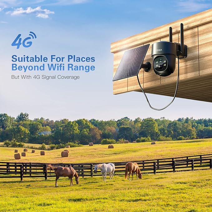 Xega 4G LTE Caméra Surveillance Solaire avec Carte Sim, 2K HD 4G Caméra Extérieure sans Fil inclinable à 355°/90°, Caméra Autonome sans WiFi, Vision Nocturne, Détection de Mouvement, IP66 (Non WiFi)