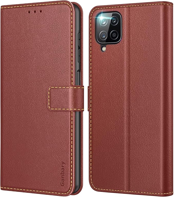 Ganbary Coque pour Samsung Galaxy A12/M12, [Housse en Cuir PU Premium] [Etui à Rabat] [Pochette de Portefeuille], Étui de Protection pour Samsung Galaxy A12/M12 - Brun