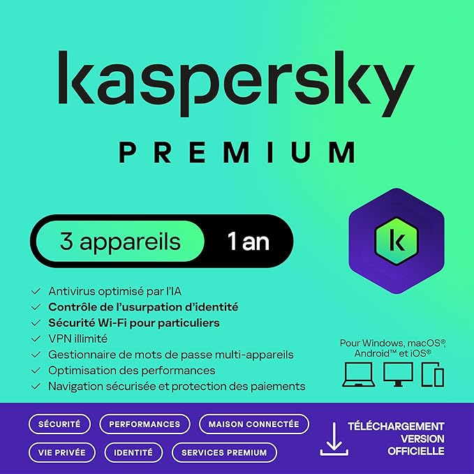 Kaspersky Premium Total Security 2026 | 3 appareils | 1 an | Anti-Phishing et Pare-feu | VPN illimité | Gestionnaire de mots de passe | Contrôle Parental| PC/Mac/Mobile | Code d'activation par email