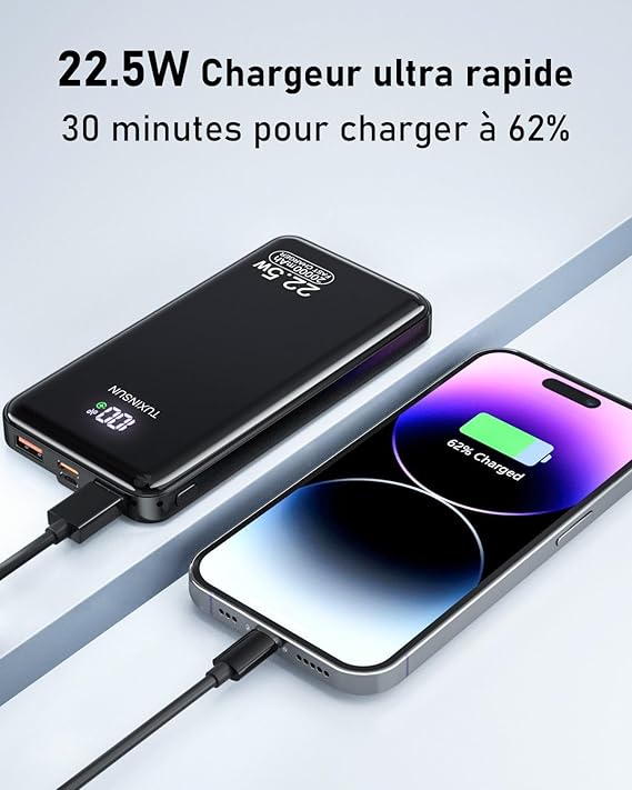 Power Bank 20000 mAh 22,5 W Banque de puissance à charge rapide PD3.0 QC4.0 Batterie externe de téléphone portable avec écran LCD Sorties et entrées USB C Chargeur portable pour smartphones Smartwatch