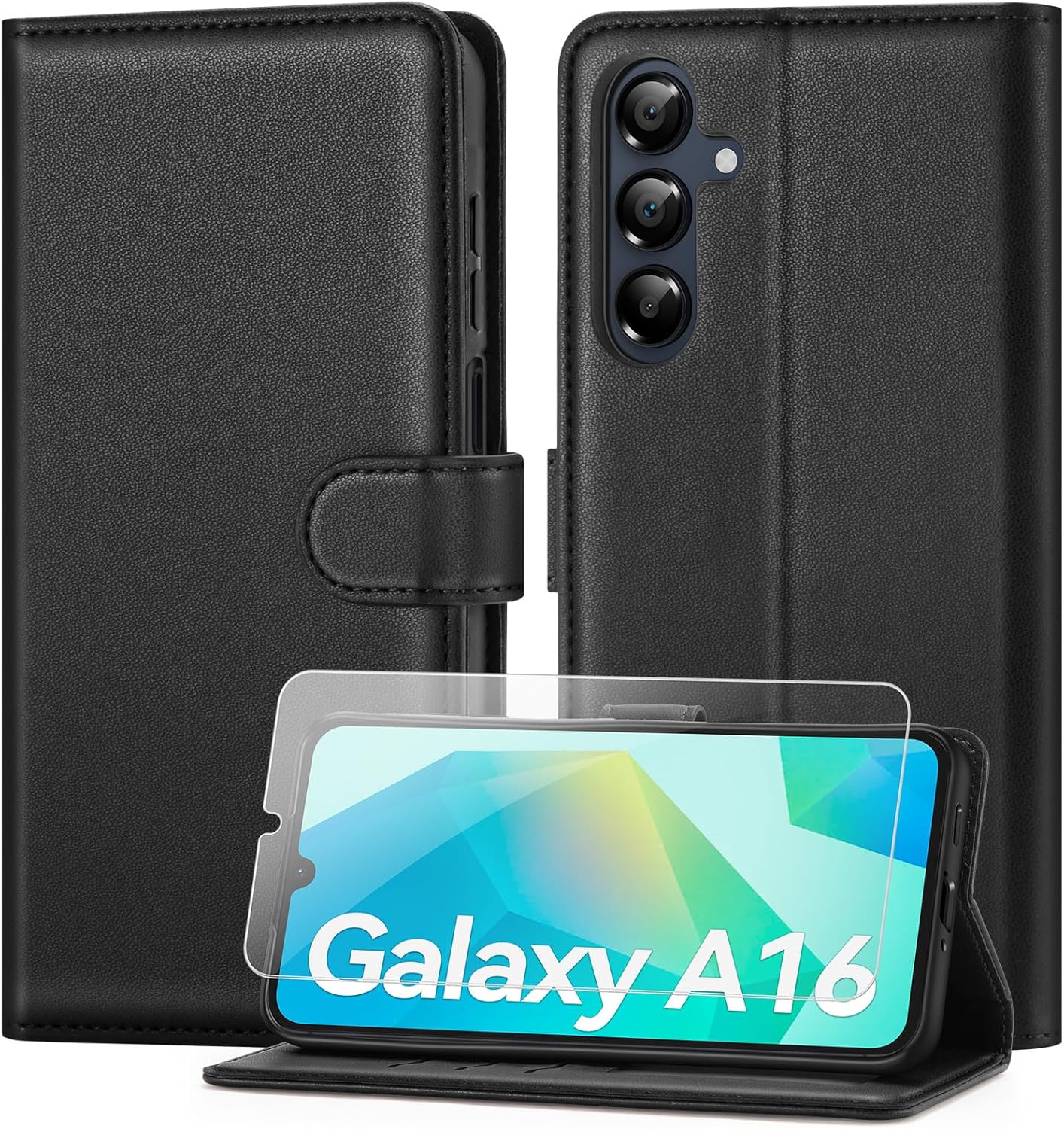 vencase Coque pour Samsung Galaxy A16 avec Verre Trempé, étui Cuir PU Magnétique [ Pochette de Portefeuille ], Housse de Fonction Stand Video Porte Carte Credit à Rabat pour Samsung A16 5G/4G - Noir